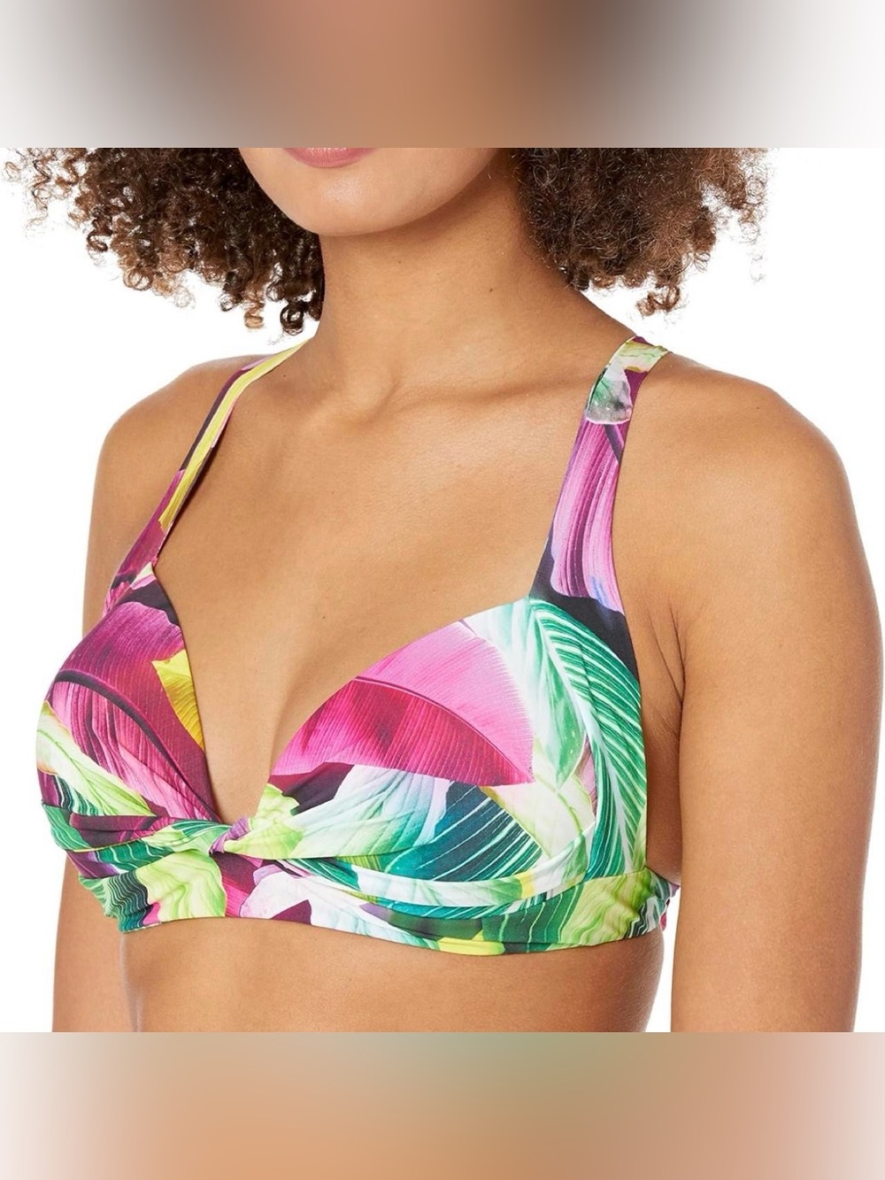 La Blanca Island Goddess Tropical Print Multicolor Cross Strap Bikini Top, Sz 8